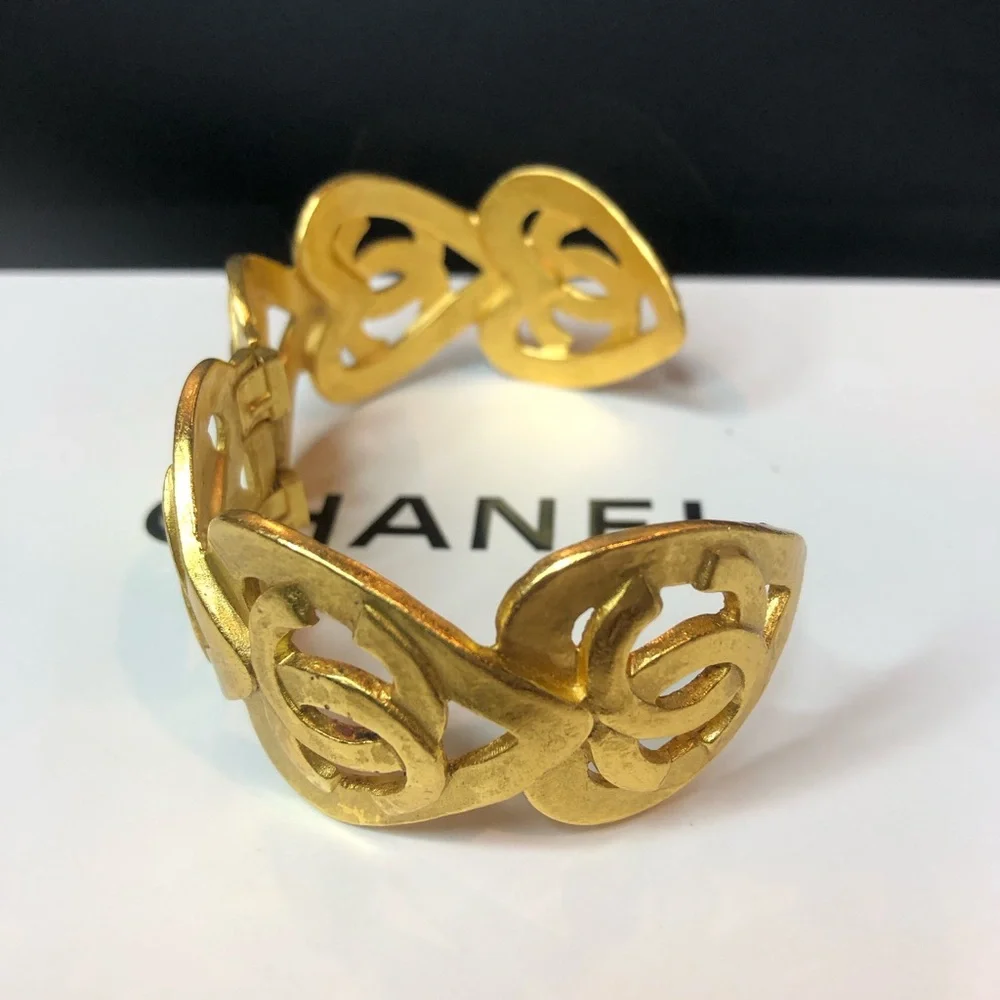 CHANEL Gold Statement Cuff Bracelet Interlocking CC Open Heart Design w/ Box
